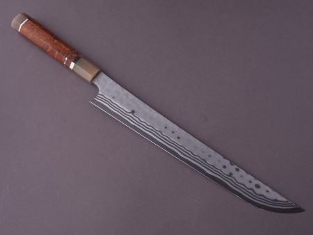 Nigara Hamono - Blue #2 Damascus - 300mm Sakimaru Yanagiba - Karin Burl w  Double Blonde Horn & Triple Nickel Spacer Handle Sale